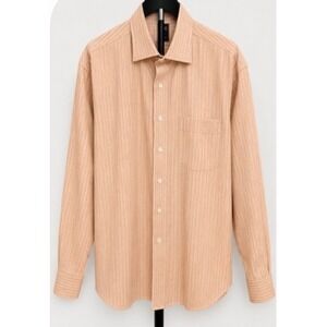 T. Harris London Mens Textured Stripe Button Down Shirt Peach Tan Long Sleeve